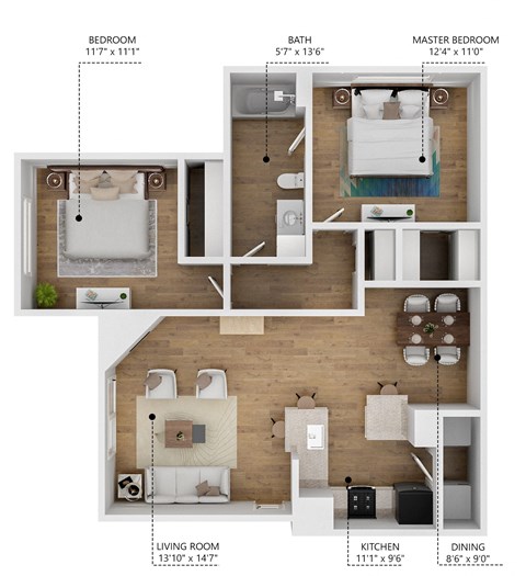 A diagram shows the layout of a small apartment with a living room, kitchen, dining room, master bedroom, and two other bedrooms.